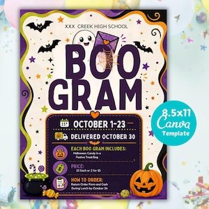 Può includere: Un modello di volantino a tema Halloween intitolato BOO GRAM per la XXX Creek High School. Il design presenta un fantasma, pipistrelli, una zucca e un calderone con accenti viola, arancioni e verdi, includendo testo per date e dettagli ordine.