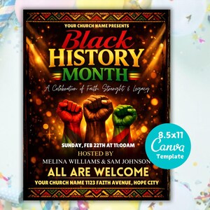 以下が含まれることがあります： 黒人歴史月間のチラシで、赤と黄色の「Black History Month」の文字が入っています。「A Celebration of Faith, Strength & Legacy」の文字と、赤、茶色、緑の3つの拳が描かれています。チラシのサイズは21.6 x 27.9 cmです。