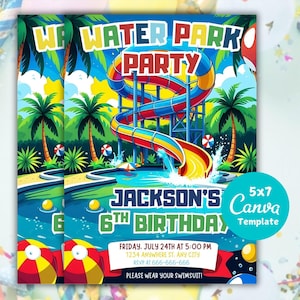 Water Park Birthday Invitation,Water Park Party Invitation,Summer Pool Party,Waterslide Birthday Party,Instant Download,Editable,Canva
