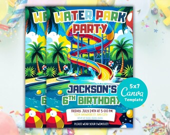 May include: A colorful water park party invitation with a large water slide, palm trees, and the text "Water Park Party". The invitation is for Jackson's 6th birthday, with the date, time, and location details. The invitation is a 5x7 Canva template.