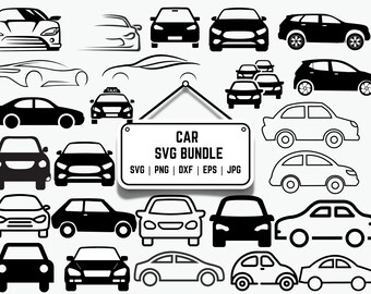 Könnte beinhalten: Eine Sammlung von Autosilhouetten in Schwarz und Weiß, darunter Limousinen, Schrägheckmodelle und SUVs. Das Bild zeigt verschiedene Autodesigns, von eleganten modernen Stilen bis hin zu klassischen Umrissen. Ein Schild zeigt "CAR SVG BUNDLE" mit Dateitypoptionen.