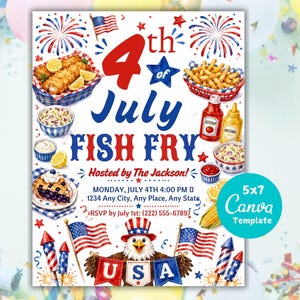 4th of July Fish Fry Invitation, Editable Flyer, red white blue Invite, ANY event Block party, Digital Printable Instant Access- edit now