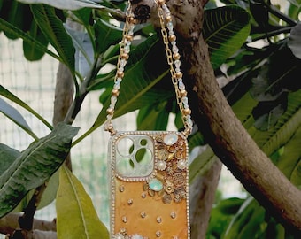 Golden Designer Mobile case Resin Elegance with luxury Pearl & Chain Strap