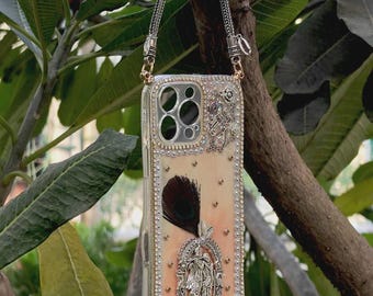 Silver Oxidized Phone Cover Radha Krishna Peacock Feather with Resin Texture color
