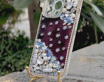 Resin Texture Maroon Designer mobile case with Handcrafted Stones