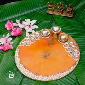 Traditional Orange Pearl Puja Thali  Resin Base, Festive Aarti Plate