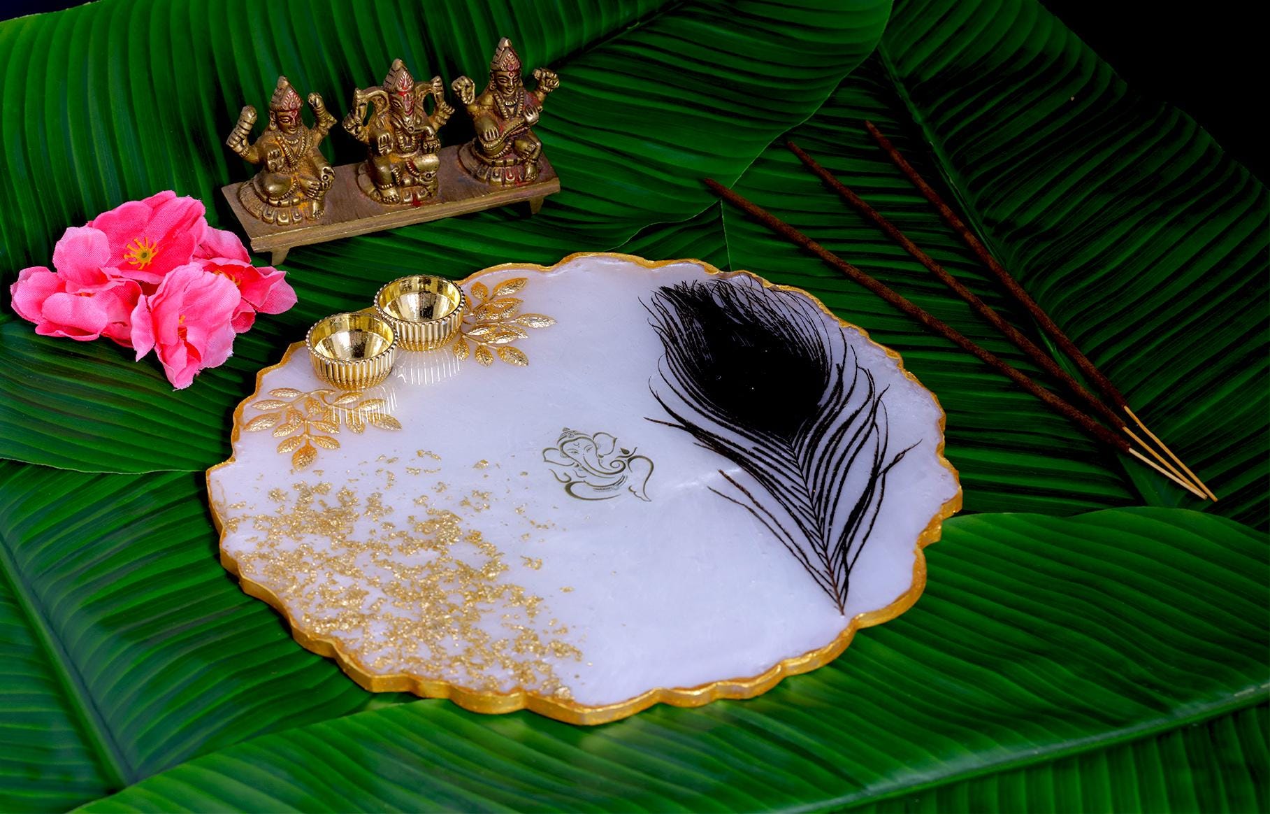 Handcrafted Resin Feather Pooja Thali for Festive & Traditional Decor