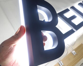 Custom channel letters sign | LED backlit 3D metal letters for business | halo lit storefront sign | stainless steel, acrylic, mirror finish