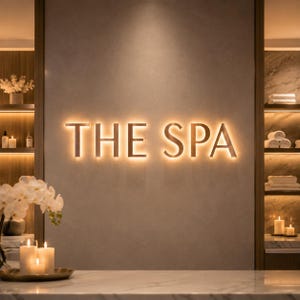 Puede incluir: Un letrero de pared con el texto THE SPA en letras metálicas grandes retroiluminadas que emiten un cálido resplandor dorado. El letrero está centrado en una pared de tonos neutros, flanqueado por estantes con toallas blancas y velas.