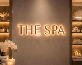 Custom spa sign | LED backlit 3D metal logo for wellness studio, massage centre & aesthetic clinic | halo lit reception sign