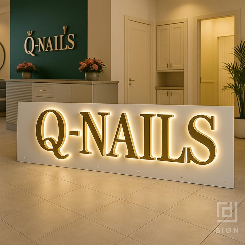 May include: A lit-up sign that reads "Q-NAILS" in gold lettering. The sign is mounted on a white rectangular base. The background includes a teal wall with a smaller "Q-NAILS" sign, flowers, and a reception area.