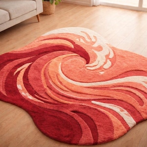 Hand Tufted Wool Area Rug - Abstract Wave Shape Rug - Mid Century Modern Irregular Rug for Living Room