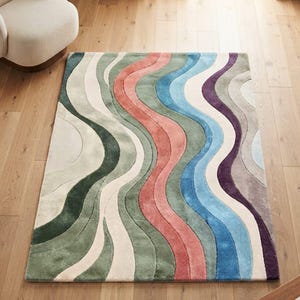 Hand Tufted Wavy Wool Area Rug, Mid Century Modern Colorful Swirl Carpet