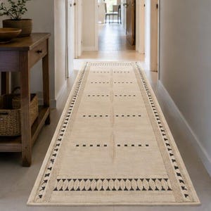 Hand Knitted Wool Runner Rug, Neutral Geometric Hallway Rug, Boho Moroccan Style Rug, Cream Black Long Rug