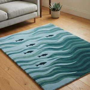 Hand Tufted Wool Area Rug - Ocean Waves Fish Swimming Pattern - Teal Green Blue Coastal Rug for Living Room