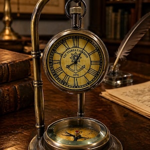 May include: Antique brass desk clock with a compass base. The clock face reads "Victoria London 1876" with Roman numerals. The clock is supported by a curved brass stand. A quill pen and inkwell are visible in the background.
