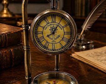 Antique clock with brass compass and books  Victorian Maritime Decor