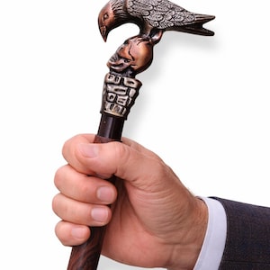 Gothic Raven Skull Cane Wooden Walking Stick – Steampunk Cosplay Cane