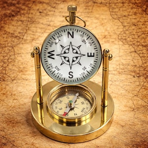 May include: A vintage brass compass with a white face featuring black directional markings and a compass rose. The compass is mounted on a brass stand, suggesting a nautical or travel theme. The background is a map.