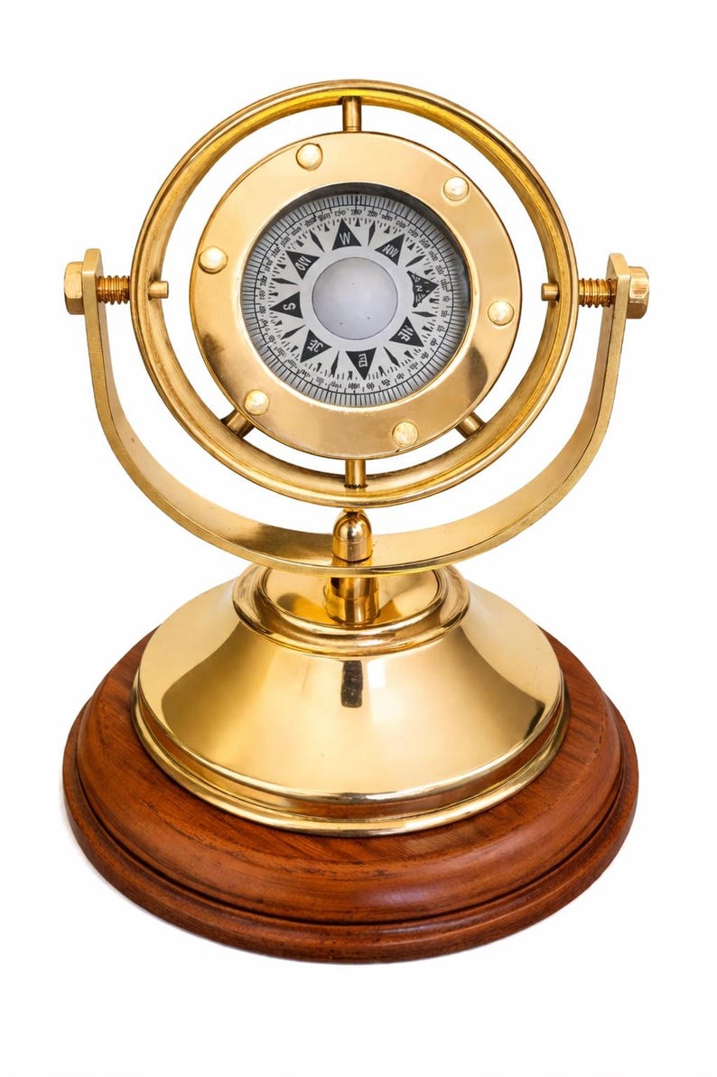 Gimble Compass Vintage Brass Gimbal Compass With Wooden Base (nautical Antique ...