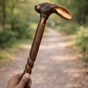 Hand Carved Rabbit Head Walking Stick | Twisted Wood Cane, Vintage Style Accessory