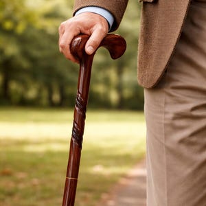 May include: A dark brown wooden walking cane with a curved handle and a spiral design on the shaft. The cane is held by a person wearing a brown blazer and khaki pants. The background is a blurred green park.