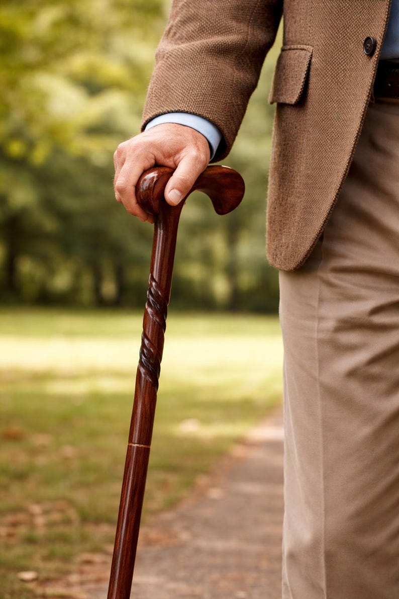 May include: A dark brown wooden walking cane with a curved handle and a spiral design on the shaft. The cane is held by a person wearing a brown blazer and khaki pants. The background is a blurred green park.