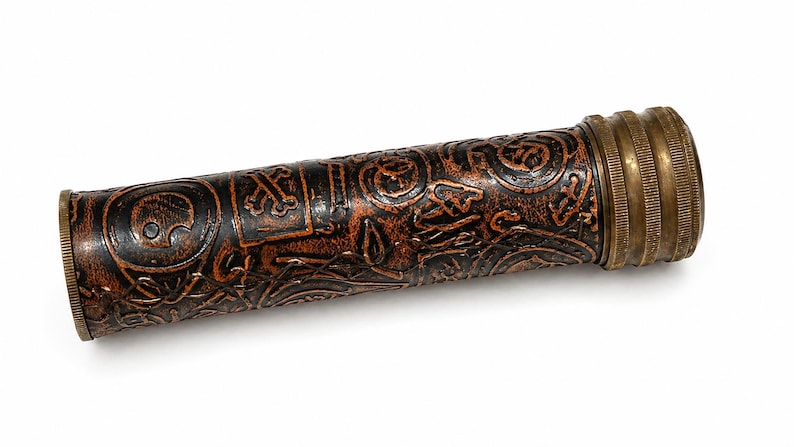 May include: A cylindrical, antique-style object with a dark brown, embossed leather exterior. The design features skulls, crossbones, and other intricate patterns. The ends are capped with brass-colored metal. The object is likely a container or decorative item.