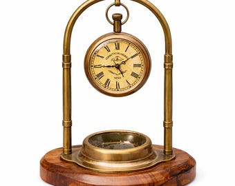 Victoria London Brass Suspension Clock with Compass, Wooden Base Nautical Decor