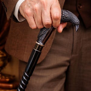 Victorian Raven Brass Handle Walking Cane, Handcrafted Wood Shaft, 36 Inch Foldable Stick
