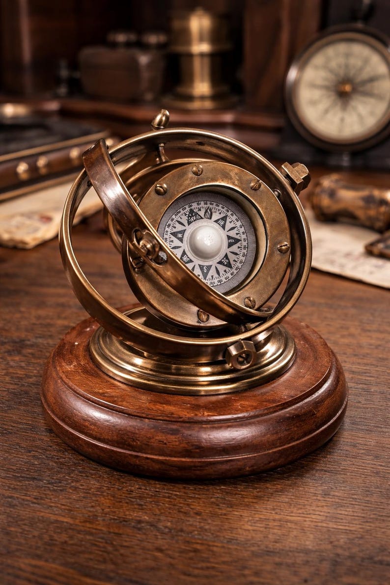 Gimble Compass Vintage Brass Gimbal Compass With Wooden Base (nautical Antique ...