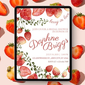 Berry in Love Bridal Shower Editable invitation | Strawberry Themed Invite | Canva Instant Download Template