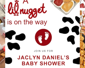 May include: Baby shower invitation with a white background and black cow spots. The text "A lil nugget is on the way" is in red. The invitation includes details for Jaclyn Daniel's baby shower, including the date, time, and RSVP information.