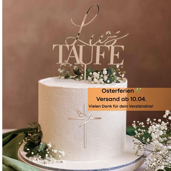 Cake Topper Set zur Taufe mit Namen, Tauftorte Deko aus Holz oder Acryl Gold
