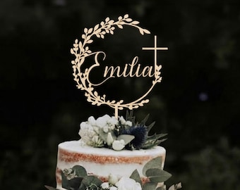 Caketopper  zur Taufe mit Namen Kommunion Tortendeko,Tauftorte Deko aus Holz oder Acryl