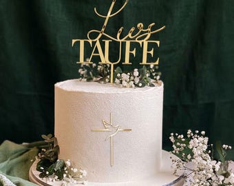Cake Topper Taufe mit Namen Tauftorte Deko aus Holz Tortendeko Kreuz Acryl Gold