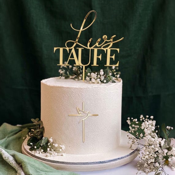 Cake Topper Taufe mit Namen Tauftorte Deko aus Holz Tortendeko Kreuz Acryl Gold