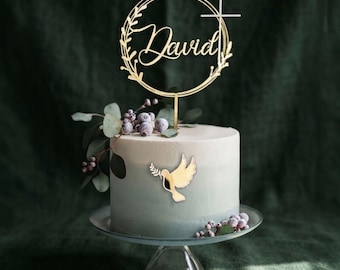 Cake Topper Taufe Tortenaufsatz Tortenstecker personalisiert Name Taube Acryl Gold Tauftorte Deko Kommunion Konfirmation