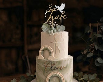 Cake Topper Set zur Taufe mit Namen, Tauftorte Deko Acryl Gold