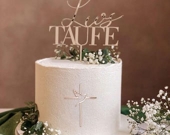 Cake Topper Set zur Taufe mit Namen, Tauftorte Deko aus Holz oder Acryl Gold