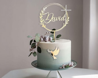 Cake Topper Taufe Tortenaufsatz Tortenstecker personalisiert Name Taube Acryl Gold Tauftorte Deko Kommunion Konfirmation