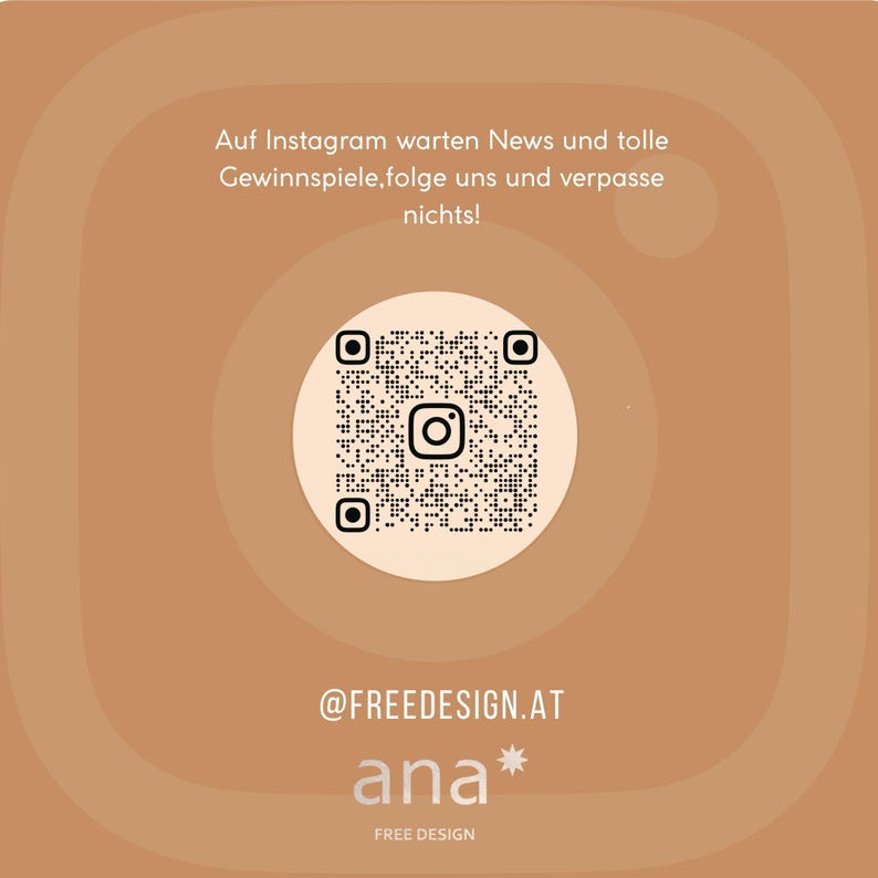 Ein beiges Instagram-QR-Code-Grafikbild mit dem Text Auf Instagram warten News und tolle Gewinnspiele.