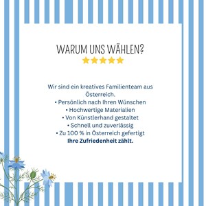 Informationskarte mit Hinweisen zur Personalisierung und Bestellung der Tortendeko zur Erstkommunion.