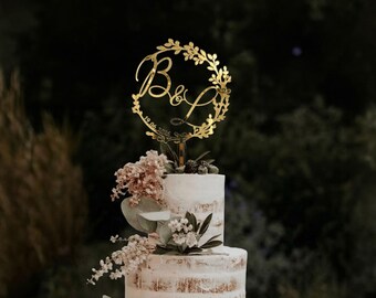 Gold Initial Hochzeitstorte Topper  Tortendeko für rustikale Hochzeit Tortenstecker Holz Tortenaufsatz