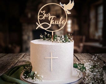 Cake Topper Set zur Taufe mit Namen, Tauftorte Deko aus Holz, Acryl Gold, Erstkommunion