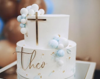 Cake Topper Set zur Taufe mit Namen, Tauftorte Deko Acryl Gold Name und Kreuz