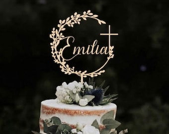 Cake Topper  zur Taufe mit Namen Kommunion Tortendeko,Tauftorte Deko aus Holz oder Acryl