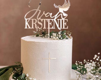 Cake Topper Set zur Taufe mit Namen, Tauftorte Deko Taube  Acryl Gold Krstenje