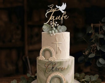 Cake Topper Set zur Taufe mit Namen, Tauftorte Deko Acryl Gold