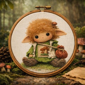 Peut inclure: Poupée artisanale d'une créature elfique aux grands yeux, vêtue d'une tenue verte et d'un écusson sur le thème des champignons. La poupée est présentée dans un cercle à broder en bois, sur fond de forêt.